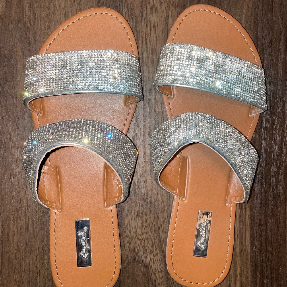 Miss Lola Rhinestone Double Strap Flat Slide Sandal